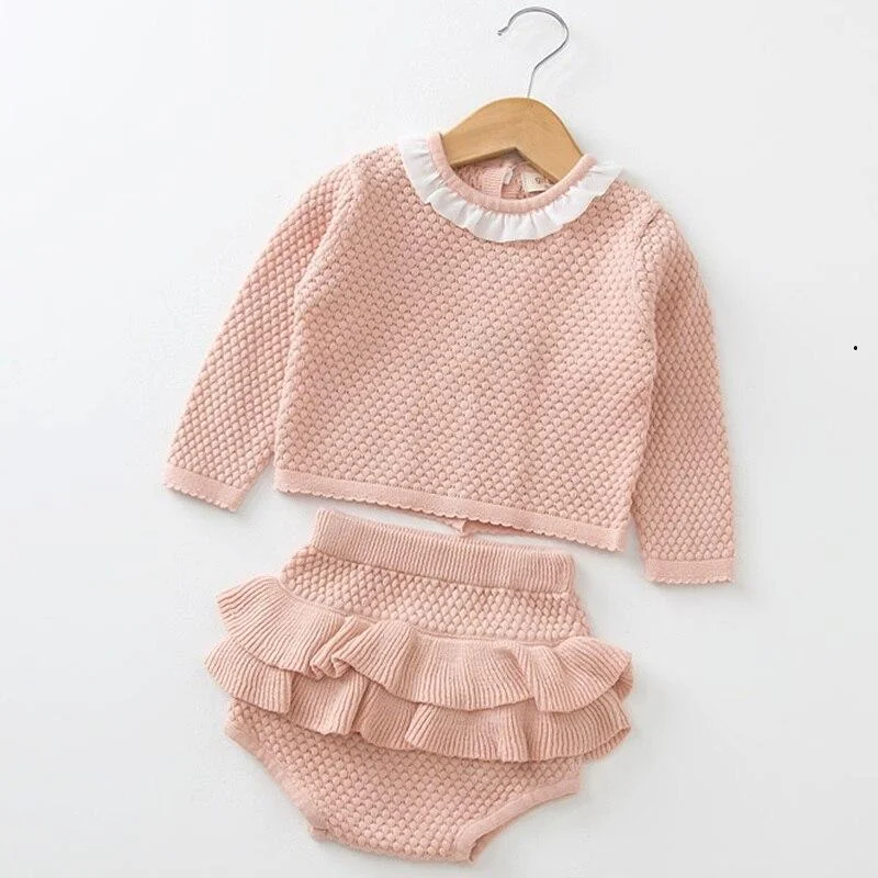 0-2 Year Old Clothing New 2021 Autumn Baby Girls Suit Knit Cotton Baby Long Sleeve Blouse + Lotus Leaf Shorts Baby Clothing Set
