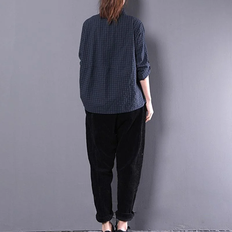 vintage cotton blended tops oversized casual women polo Collar Long sleeve green plaid shirt