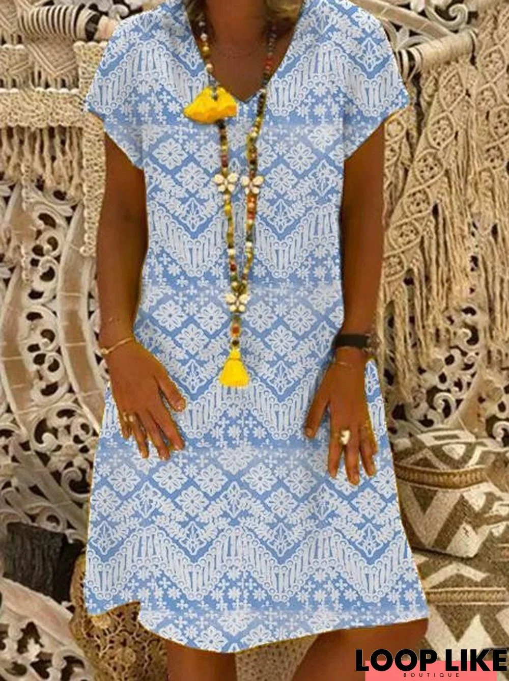 Tribal Short Sleeve A-Line Printed Knitting Dress