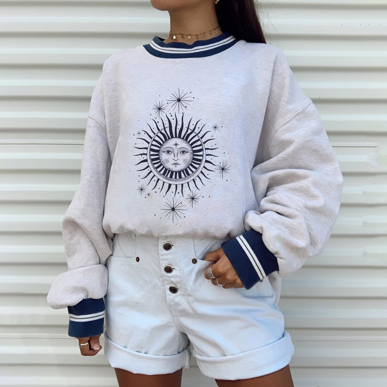 Girl Casual Fashion Round Neck Long Sleeve Loose Sweater European Style