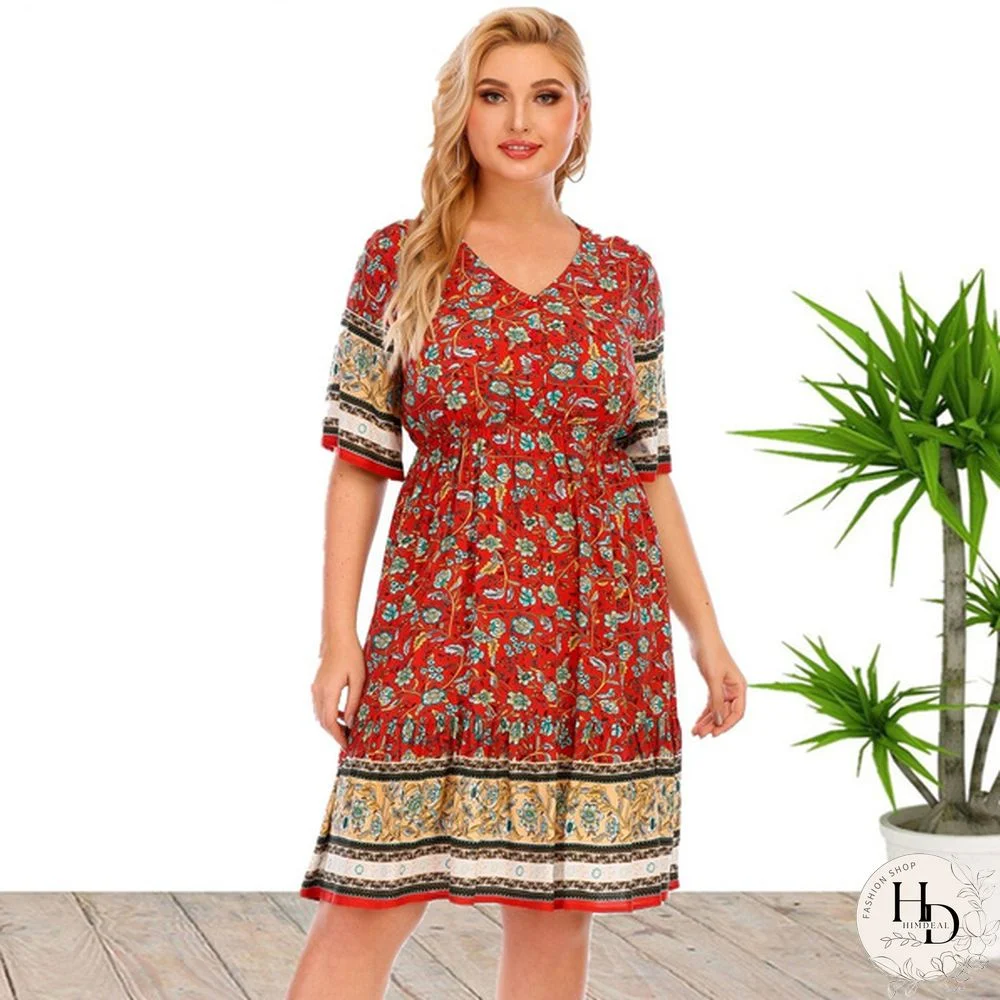 Women's Plus Size Short Sleeve Buttoned Floral Printed Mini Dress