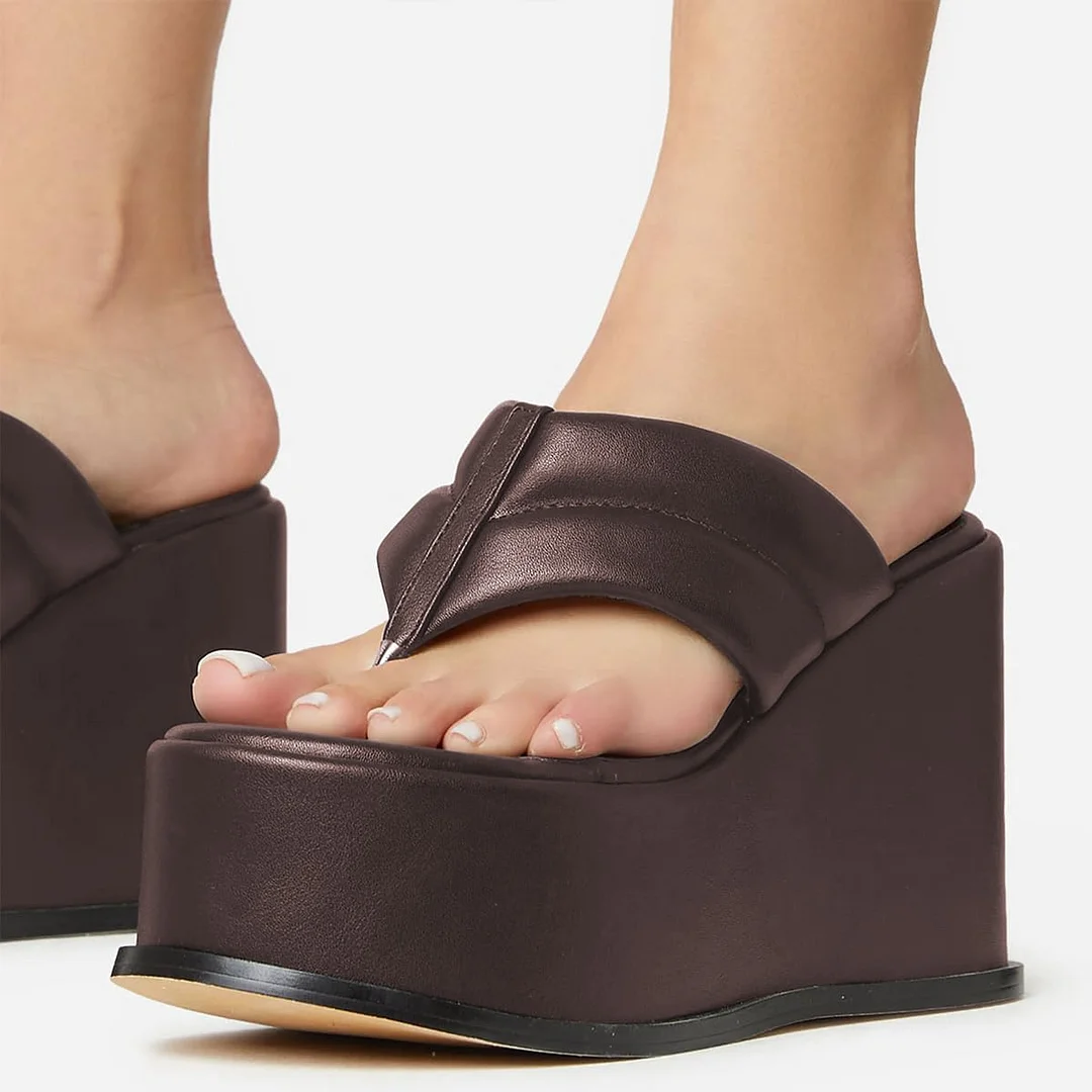 Brown Round Toe Slip On Flip Flops Platform Mules with Wedge Heel