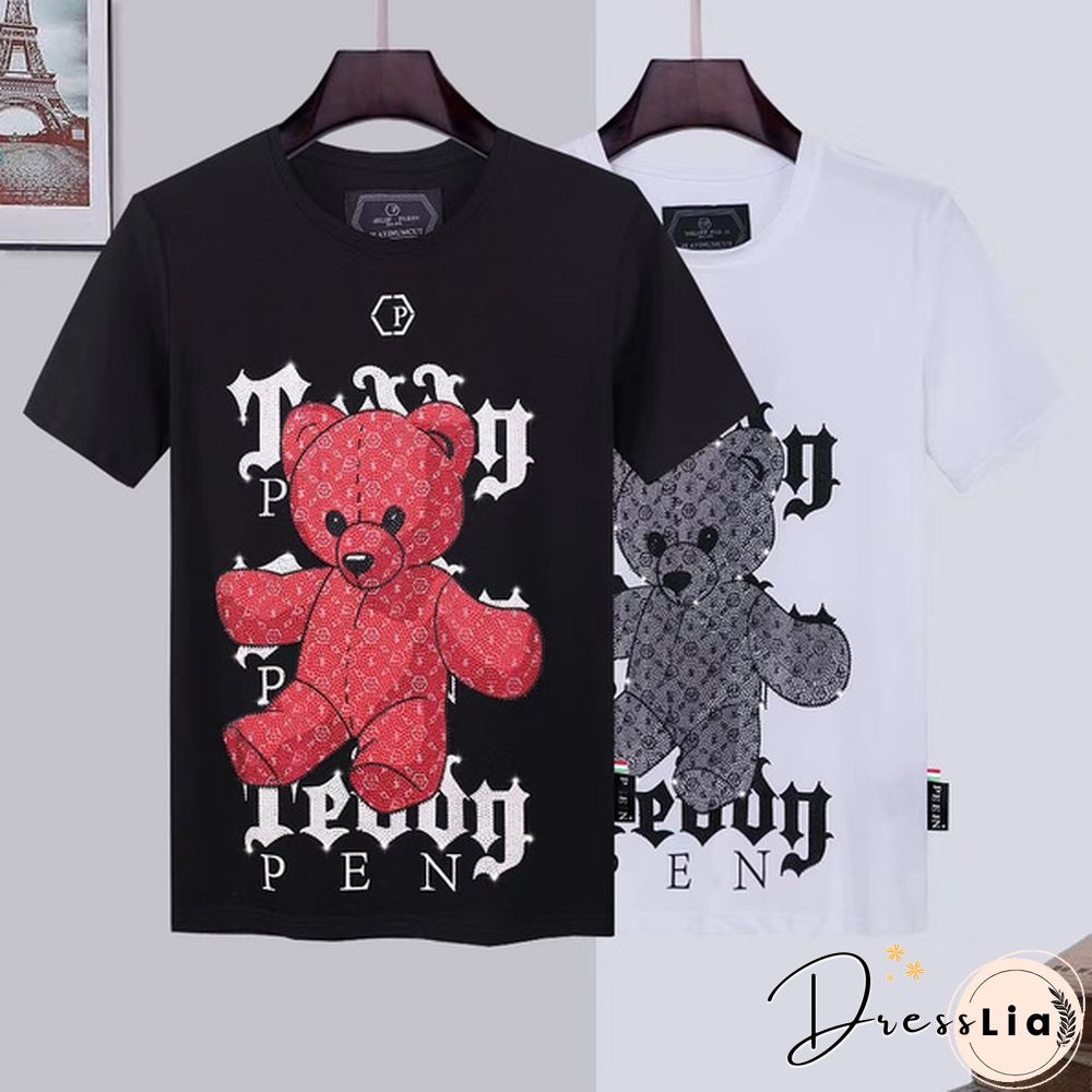 Philipp Plein Men Cotton Round Neck T-Shirt Casual PP Rhinestone Bear Top