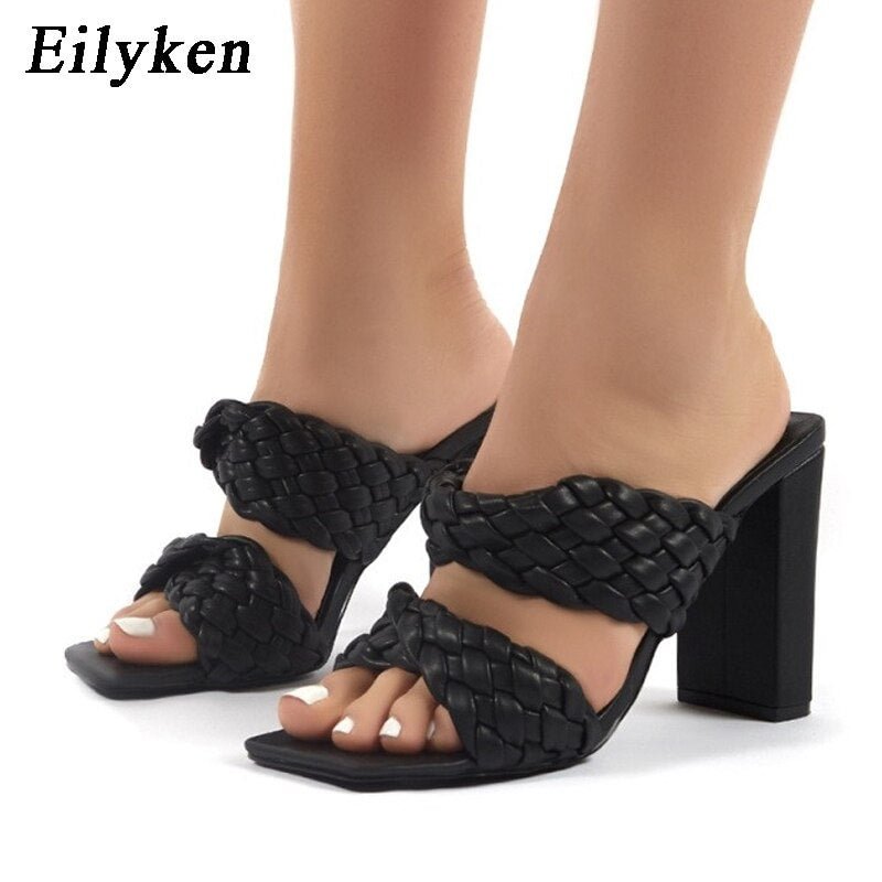  Runway Style Cross Wove Folds Women Slippers Fashion Thick Heels Gladiator Sandals Outdoor Beach Slides Mules Shoes