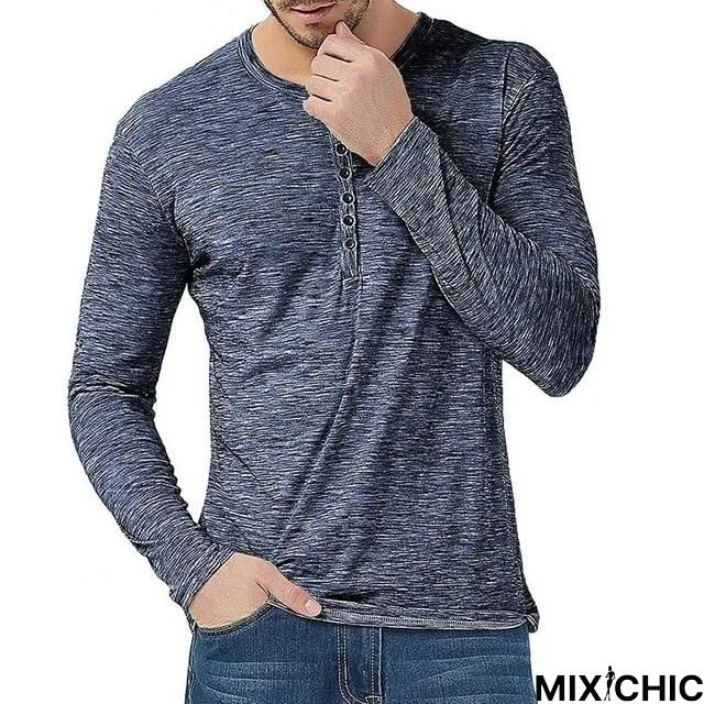 Men Slim Fit Tee Shirt Autumn Spring Henley T-Shirt Streetwear Button Collar Hipster T-Shirt Men Clothing Basic Top