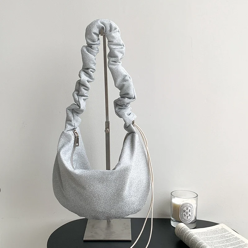Mongw Mongw Waxy Texture Pleated Dumpling Bag Casual Cross-Body Bag Female Korean Version Of The New Large Capacity One Shoulder Armpit Bag Advanced Sense