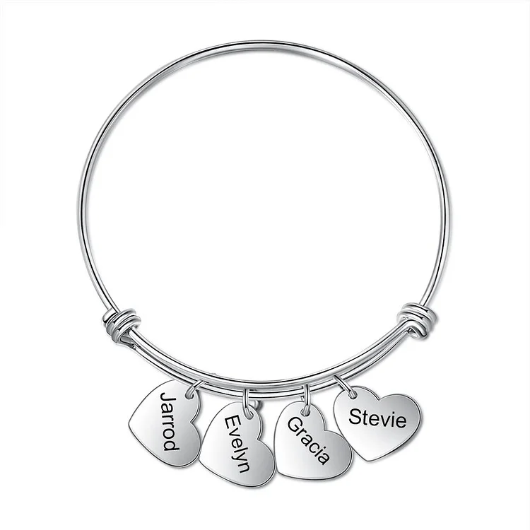 Heart Bangle Bracelet Engraved 4 Names Personalized with 4 Heart Charms