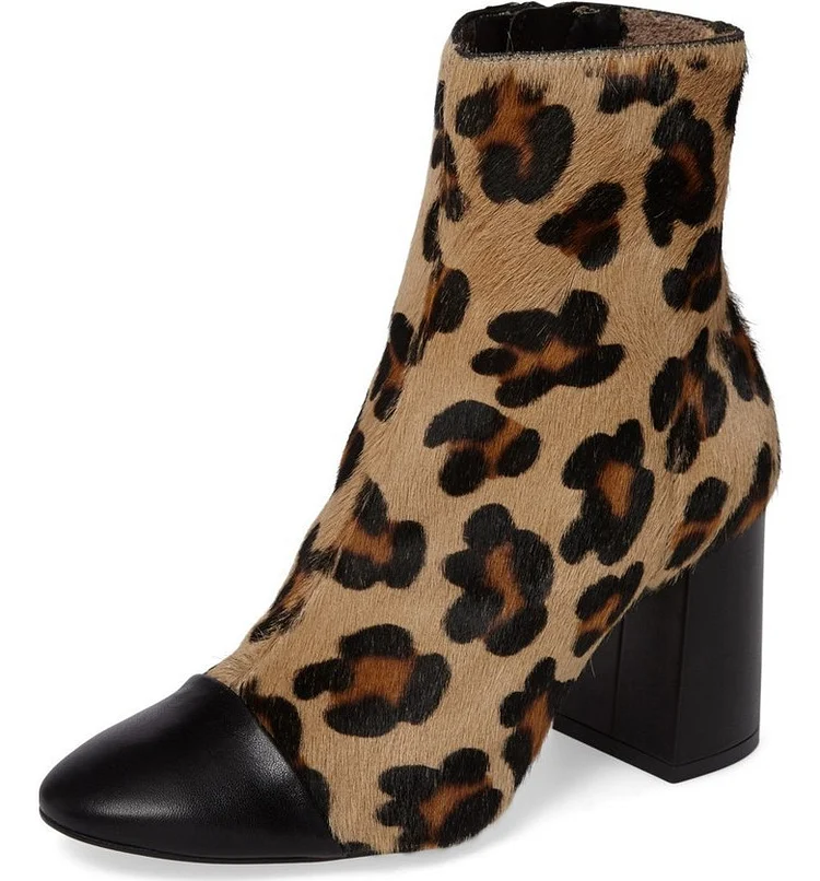 Brown Horsehair Leopard Print Booties Chunky Heel Ankle Boots |FSJ Shoes