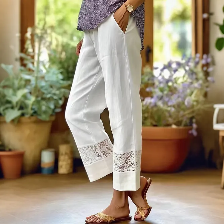 Casual Loose Spliced ​​lace Solid Color Ninth Pants