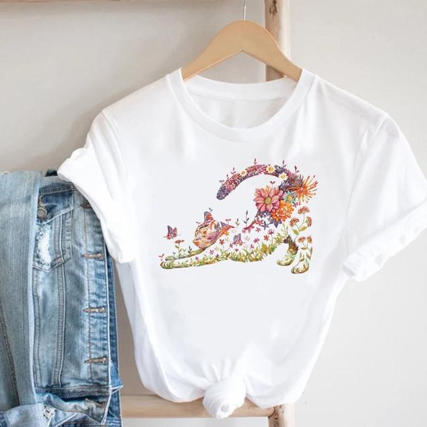 cat flower plant spring new clothing tee top tshirt fashion clothes women short sleeve summer print lady female T casual cartoon graphic t-shirt - Shop Trendy Women's Clothing | LoverChic