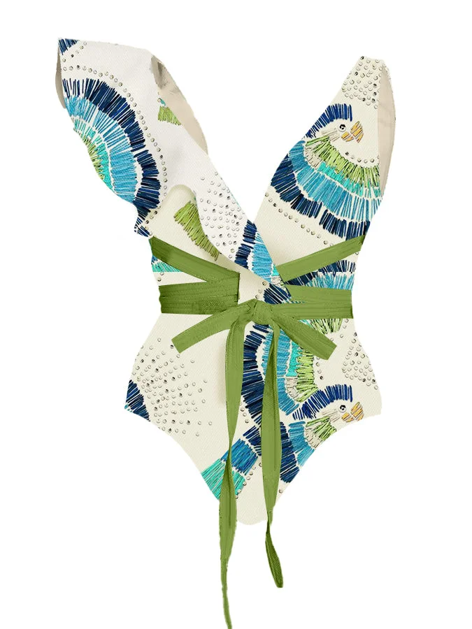 V-Neck Ruffled Vintage Embroidered Print Swimsuit Set
