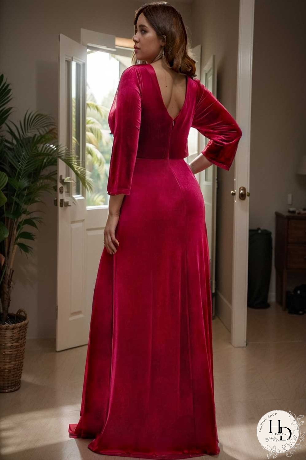velvet 3 4 length sleeve illusion v neck front slit evening dress