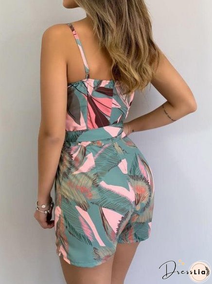 Women's Jumpsuits V-Neck Sling Leaf Print Belted Jumpsuit