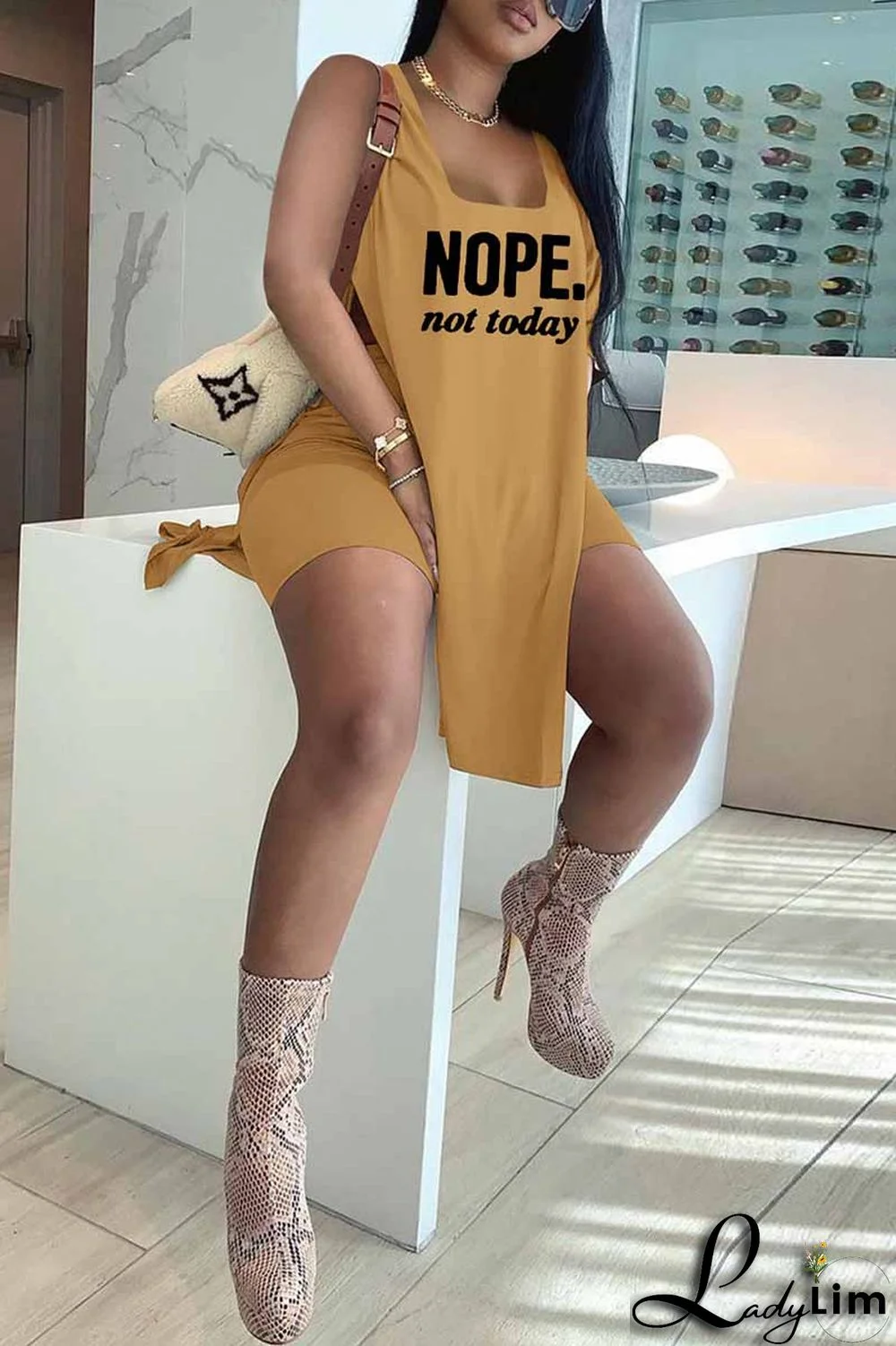 Red Fashion Casual Letter Print Slit U Neck Sleeveless Two Pieces