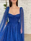 Dark Cobalt Royal Blue Sparkling Gold Stars Prom Dress Draped Corset Bodice Starry Pattern Tulle Cape Robe Wedding Guest With Pockets