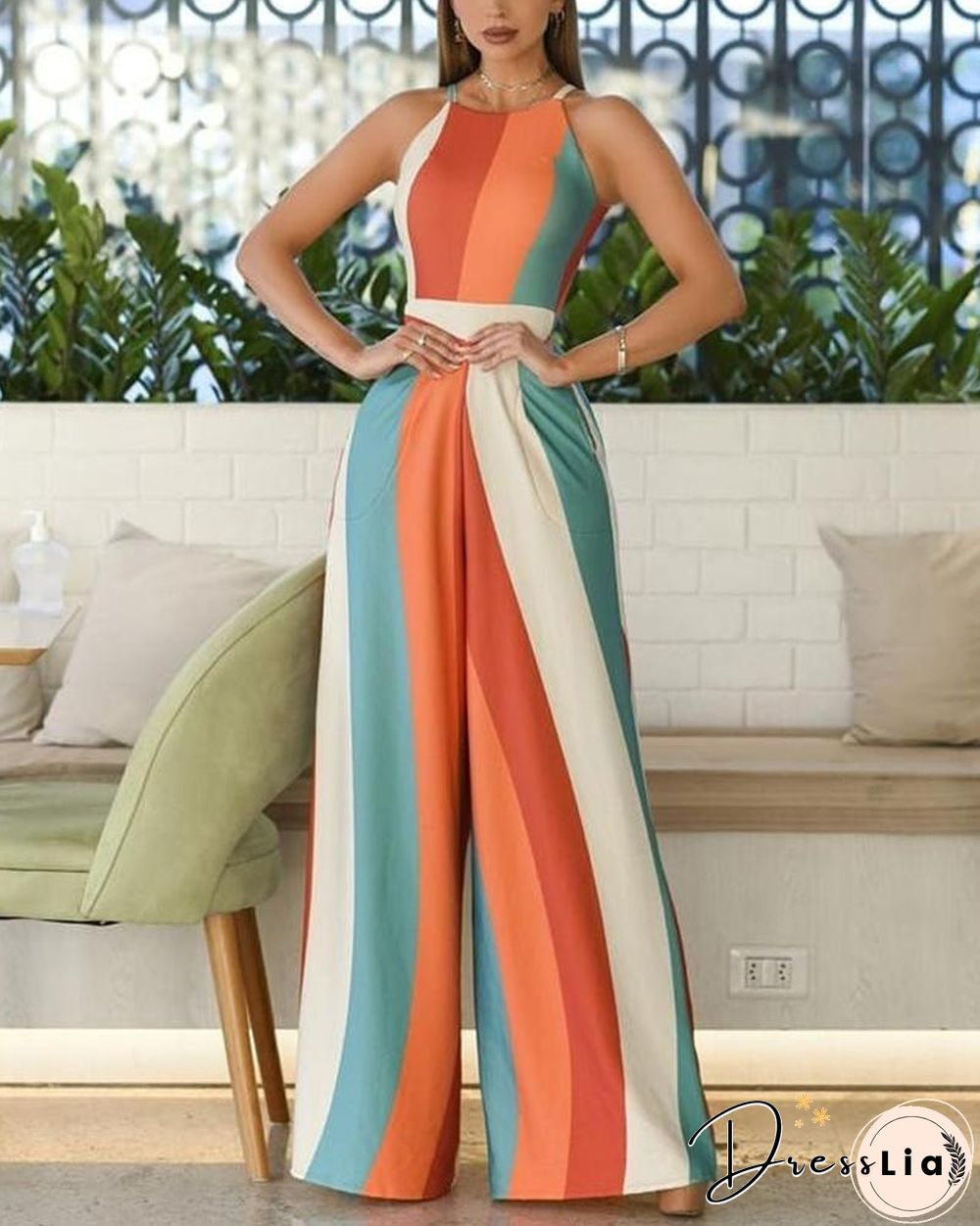 Colorblock Sleeveless Zipper Back Wide Leg Jumpsuit