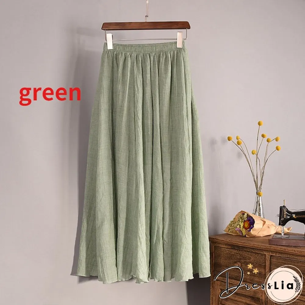 Women Cotton Linen Pleated Maxi Skirt Elastic Waist Vintage Solid Color Boho Beach Spring Summer Pleated Maxi Skirt