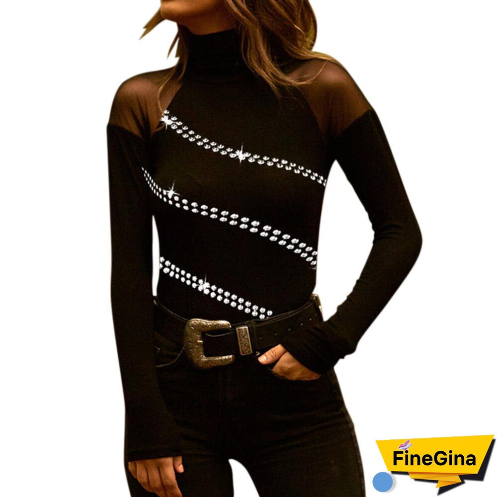 Solid Elegant Turtleneck Sequins Tops for Women Office Lady Mesh Stitching Tops Spring Long Sleeve Autumn Slim Fit Shirts