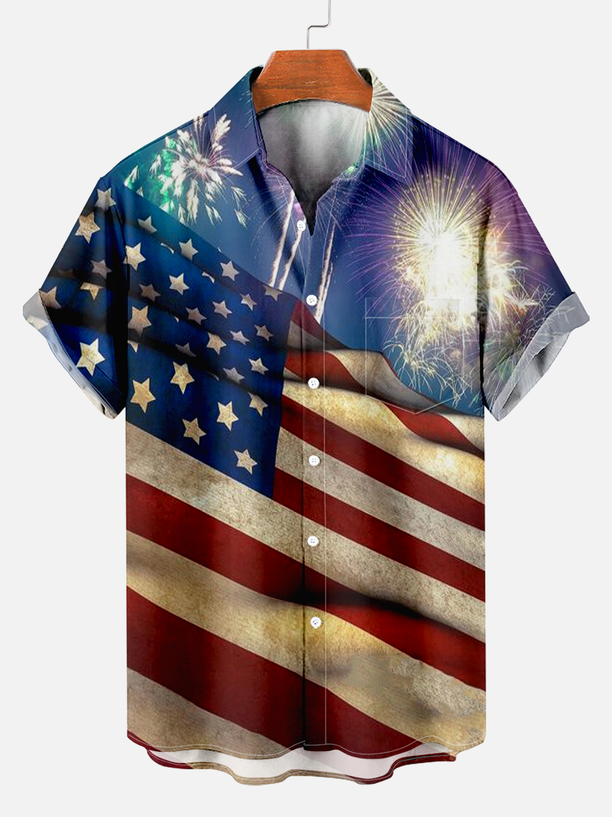 Attractive and comfortable American Flag Fireworks Print Shirt for Men PLUSCLOTHESMAN