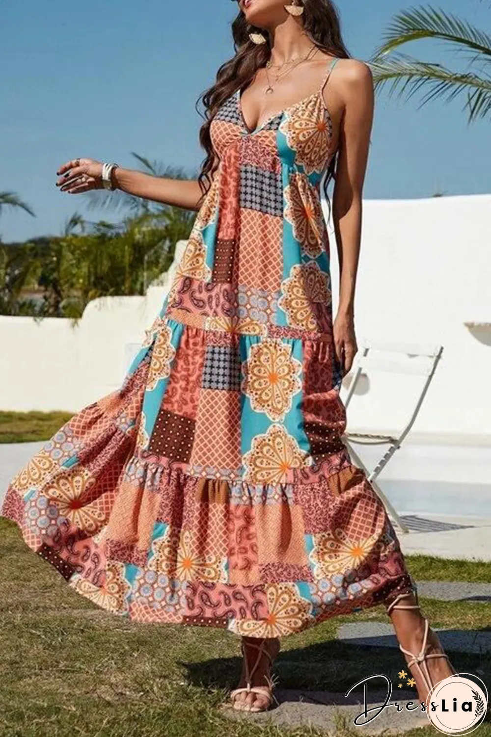 Fashion Print Split Joint Spaghetti Strap Cake Skirt Dresses