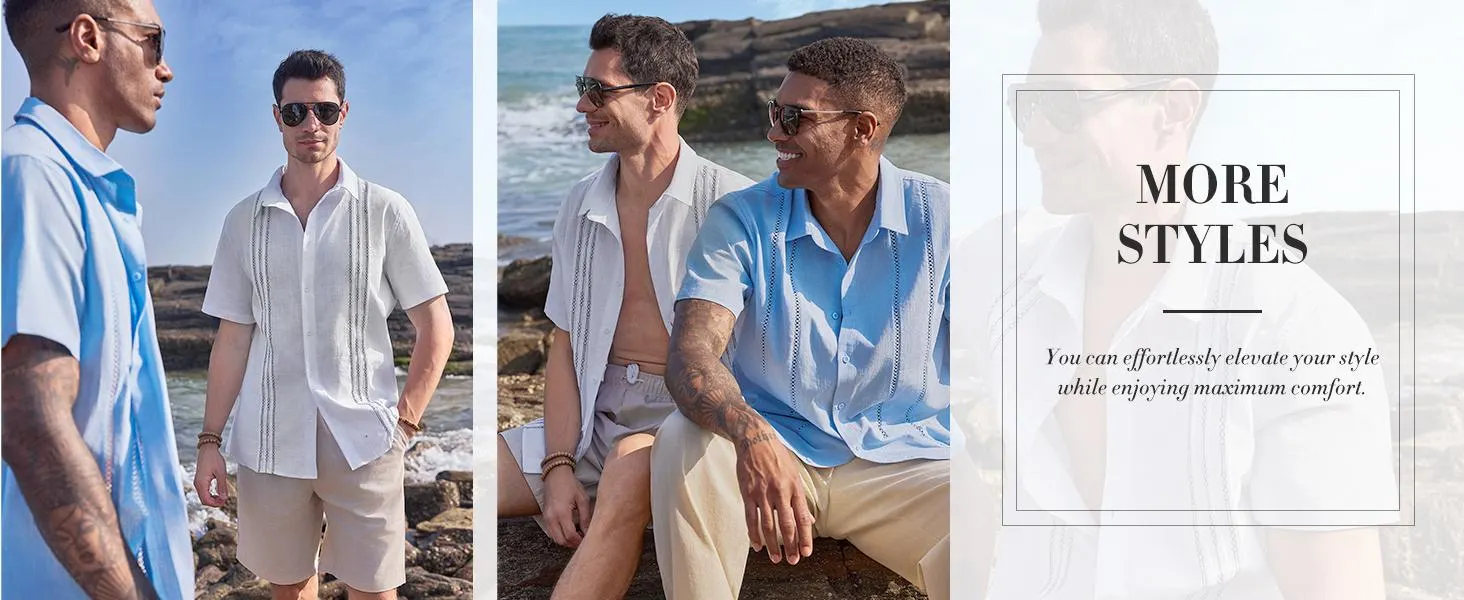 Runcati Men's 70% Cotton, 30% Linen Short Sleeve Guayabera Shirts Linen Cotton Button Down Mexican Embroidered Cuban Wedding Shirt Summer Beach Tops Father's Day Gift