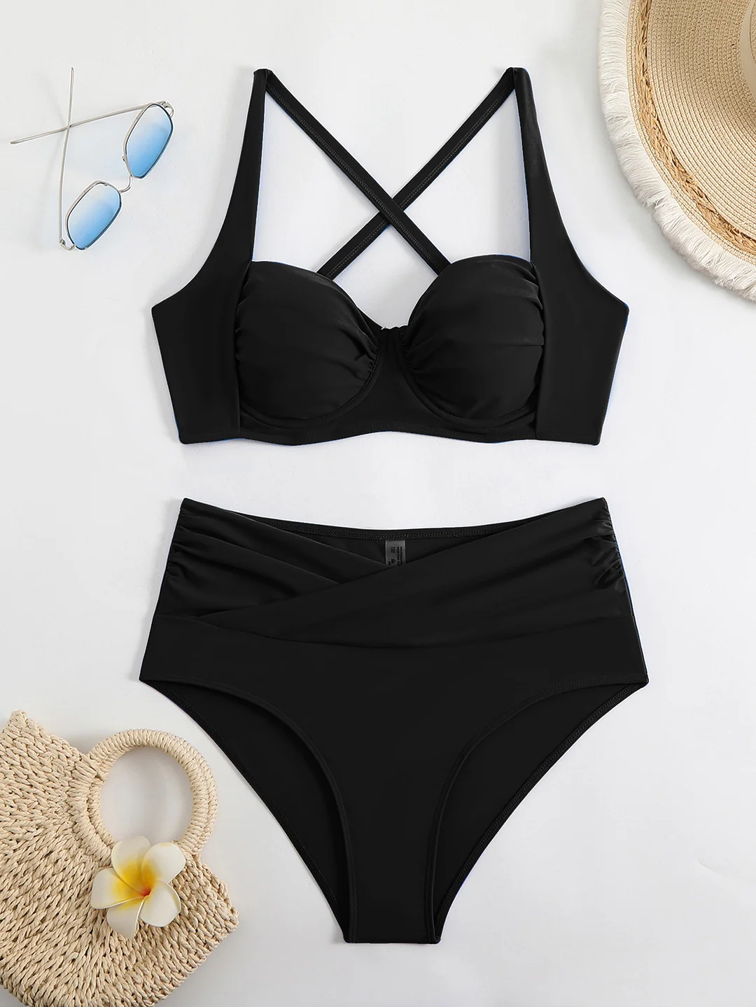 Uveng 2025 Sexy New Hard Cup Pure Color High-Waist Swimsuit Bikini