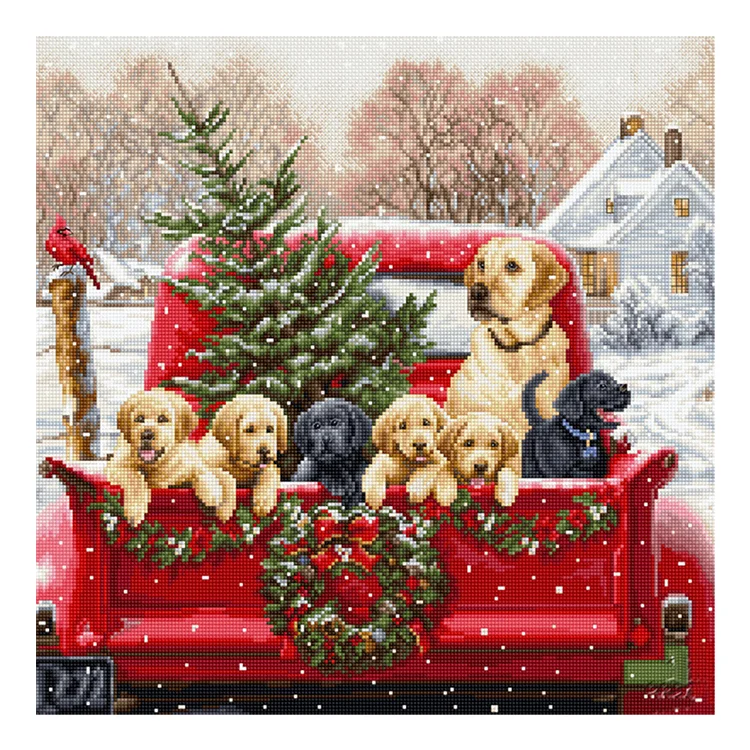 Puppies On Christmas Pickup Truck - Printed Cross Stitch 11CT 50*50CM