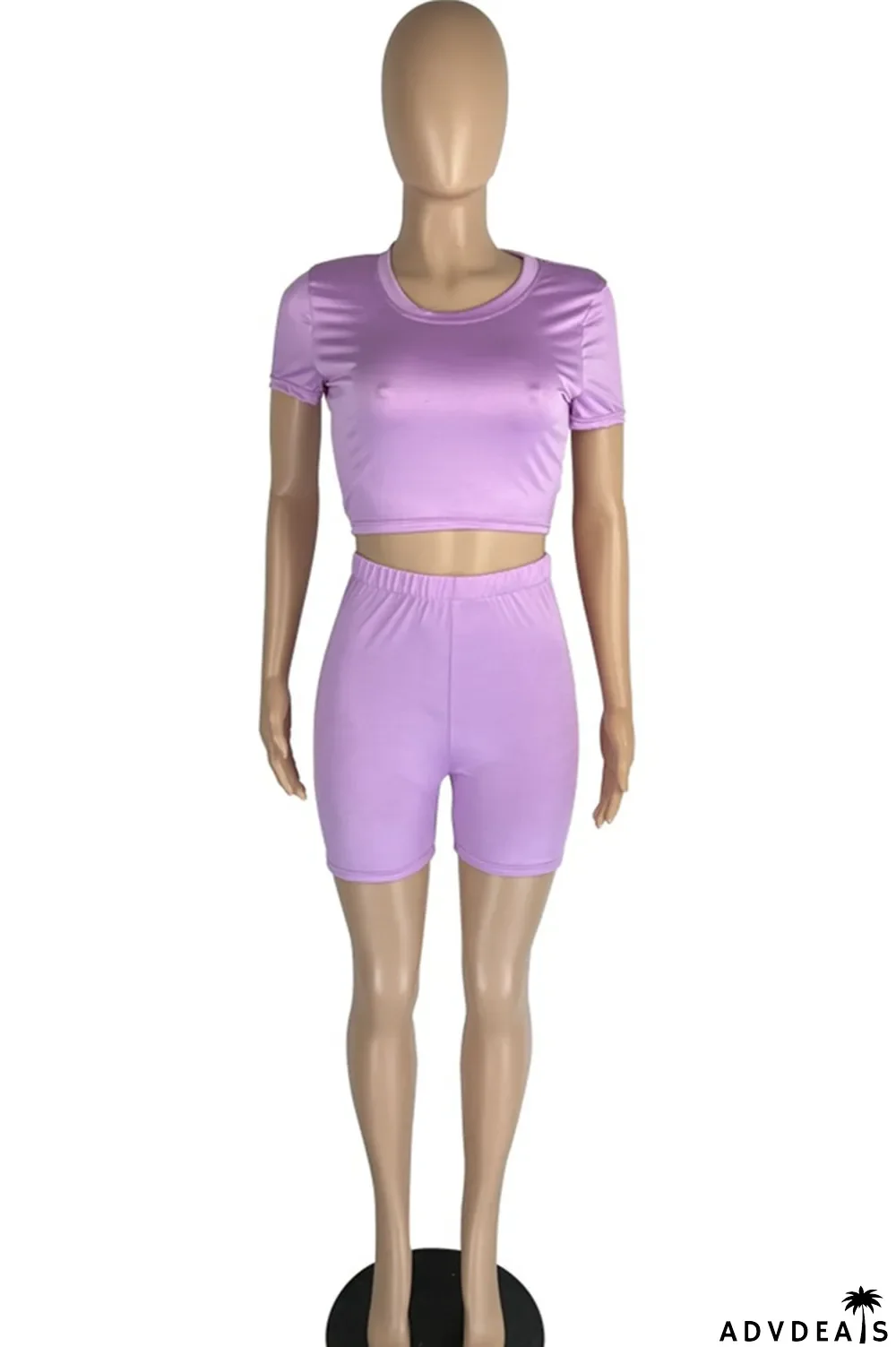 Light Purple Fashion Casual Solid Basic O Neck Short Sleeve Two Pieces