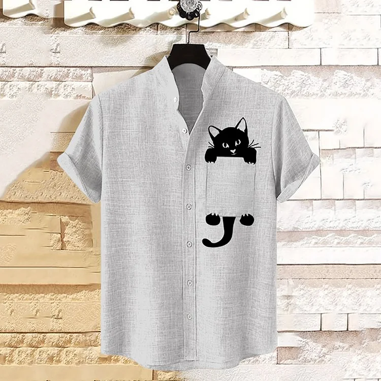 Men'S Cat Print Linen Blend Shirt