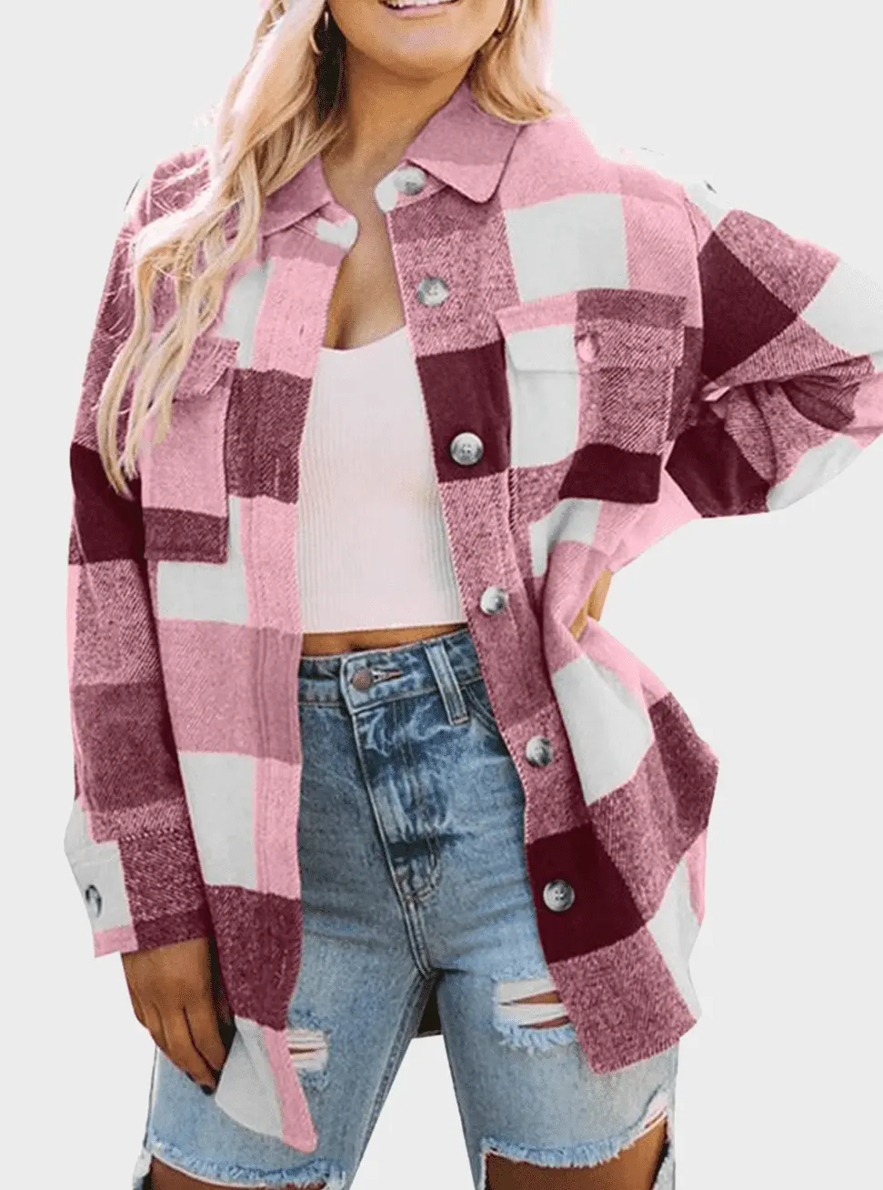  thdmladies Button Front Patch Pocket Plaid Coat thedmladies