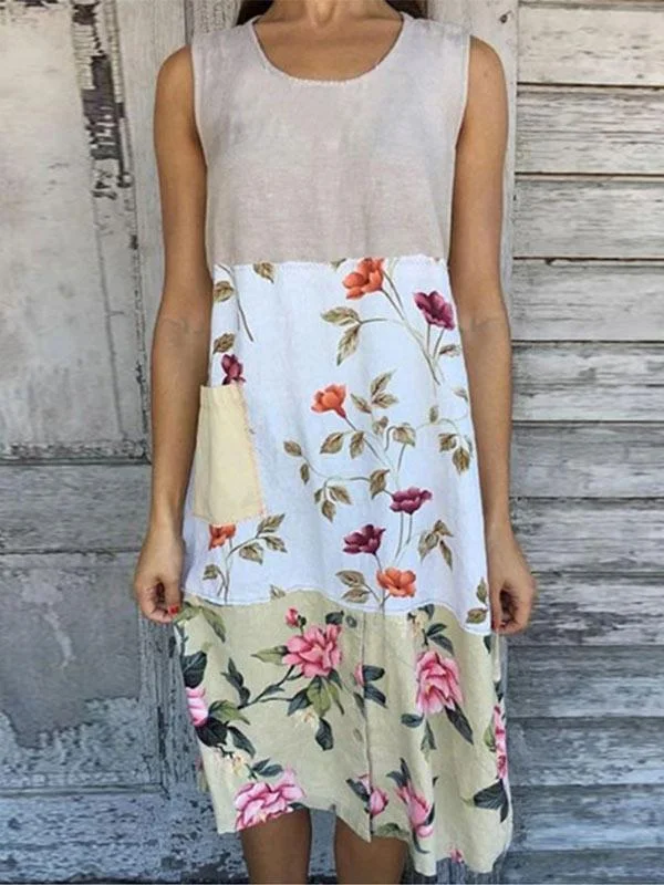Women's cotton and linen printed stitching sleeveless dress-Mayoulove