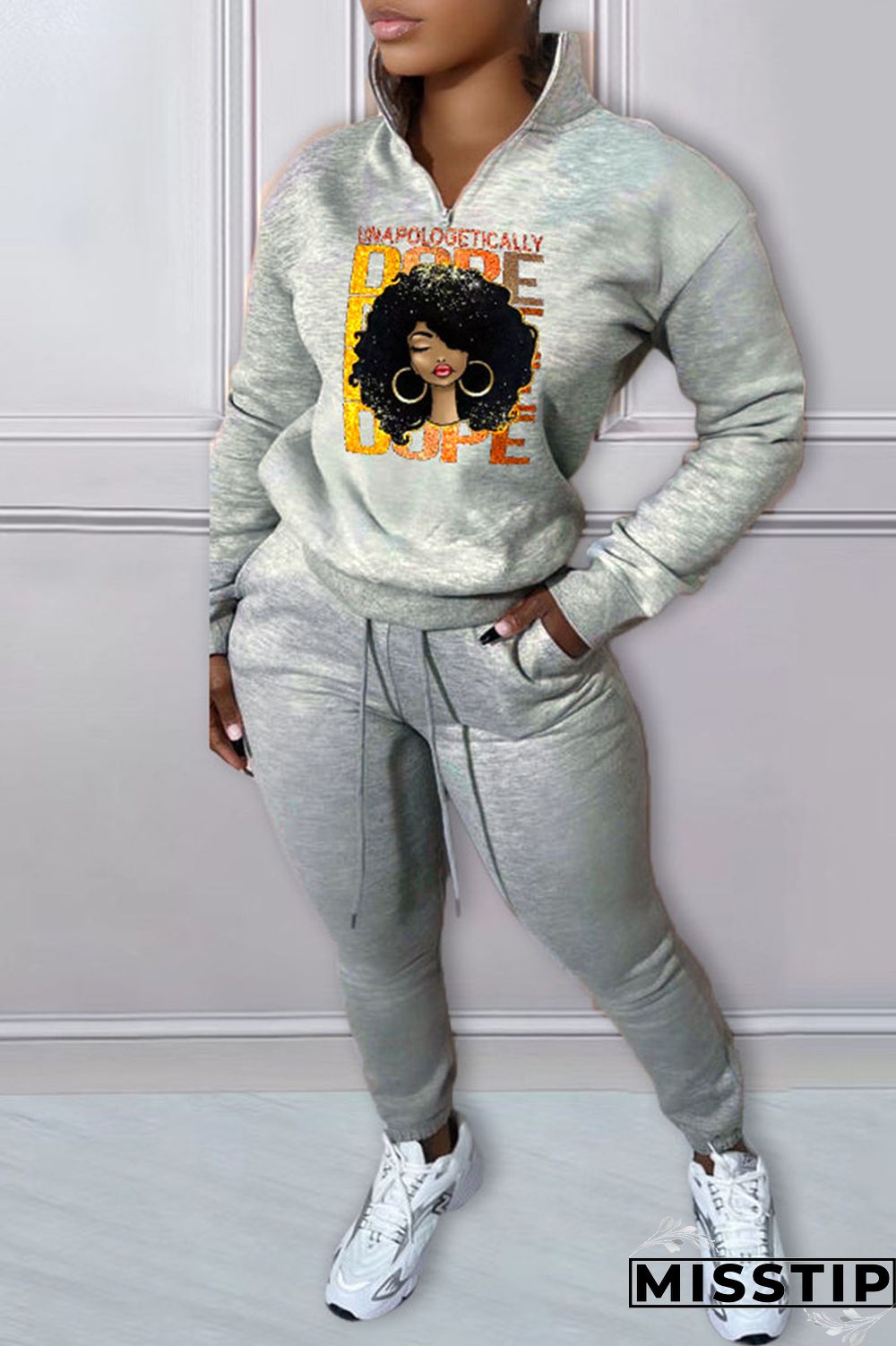 Green Casual Print Patchwork Zipper Collar Long Sleeve Two Pieces