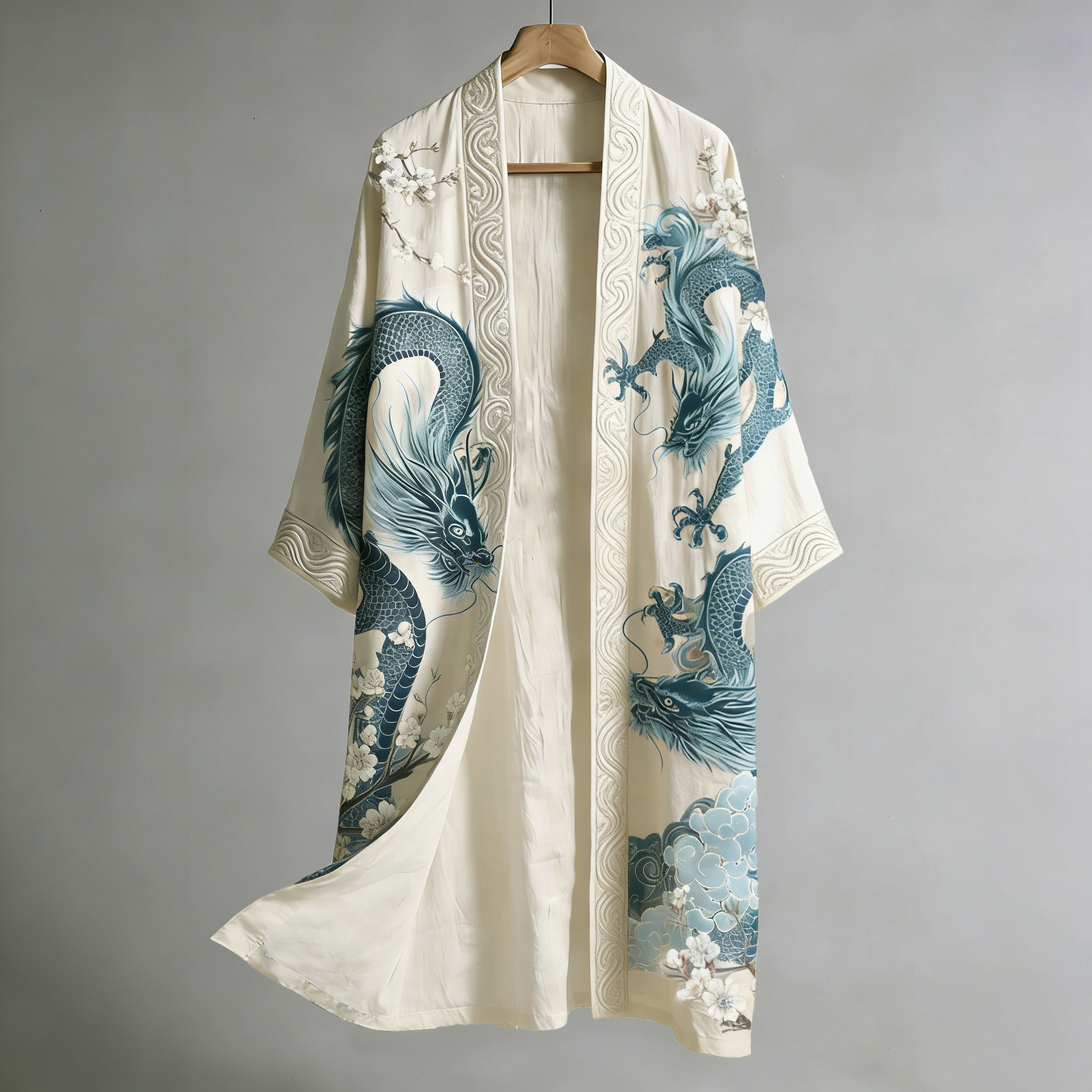 Japanese Style Dragon And Apricot Blossom Art Cotton Linen Kimono elevenforest