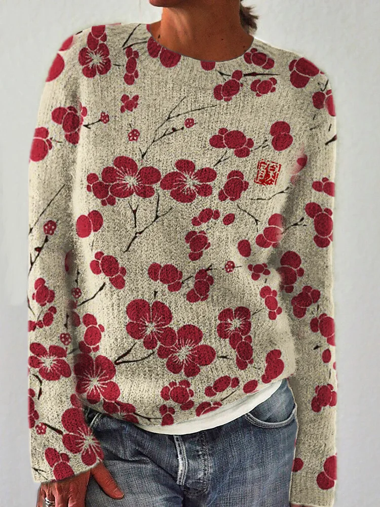 Cherry Blossom Japanese Lino Art Cozy Sweater