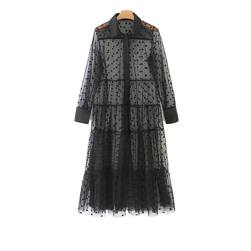 2019 See-through Women Polka Dot Mesh Dress Fashion Long Sleeve Lapel Shirts Dress Ladies Long Dress Fashion Women Cover-ups