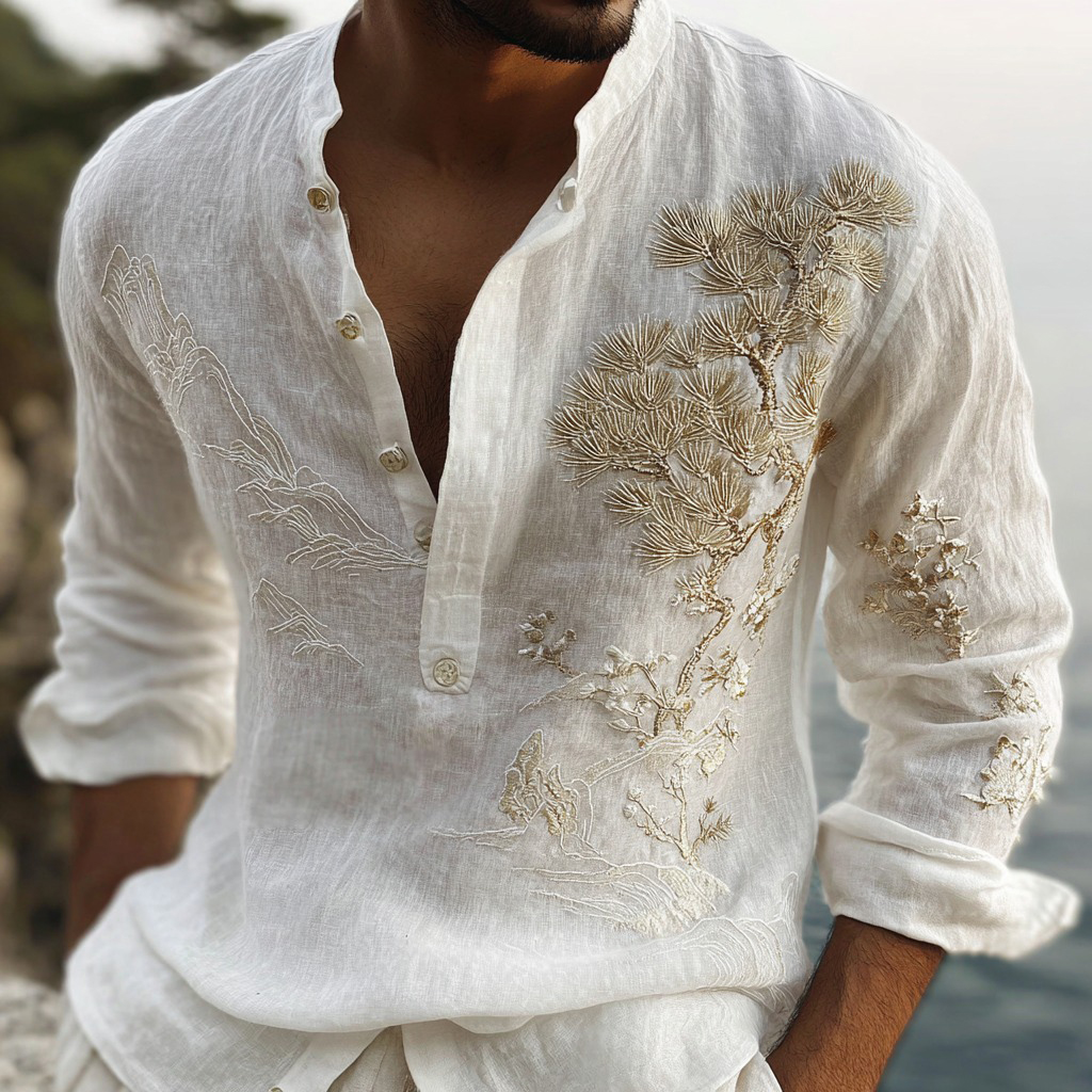 Men's Japanese Cherry Blossom And Pine Tree Casual Linen Shirt  artssus