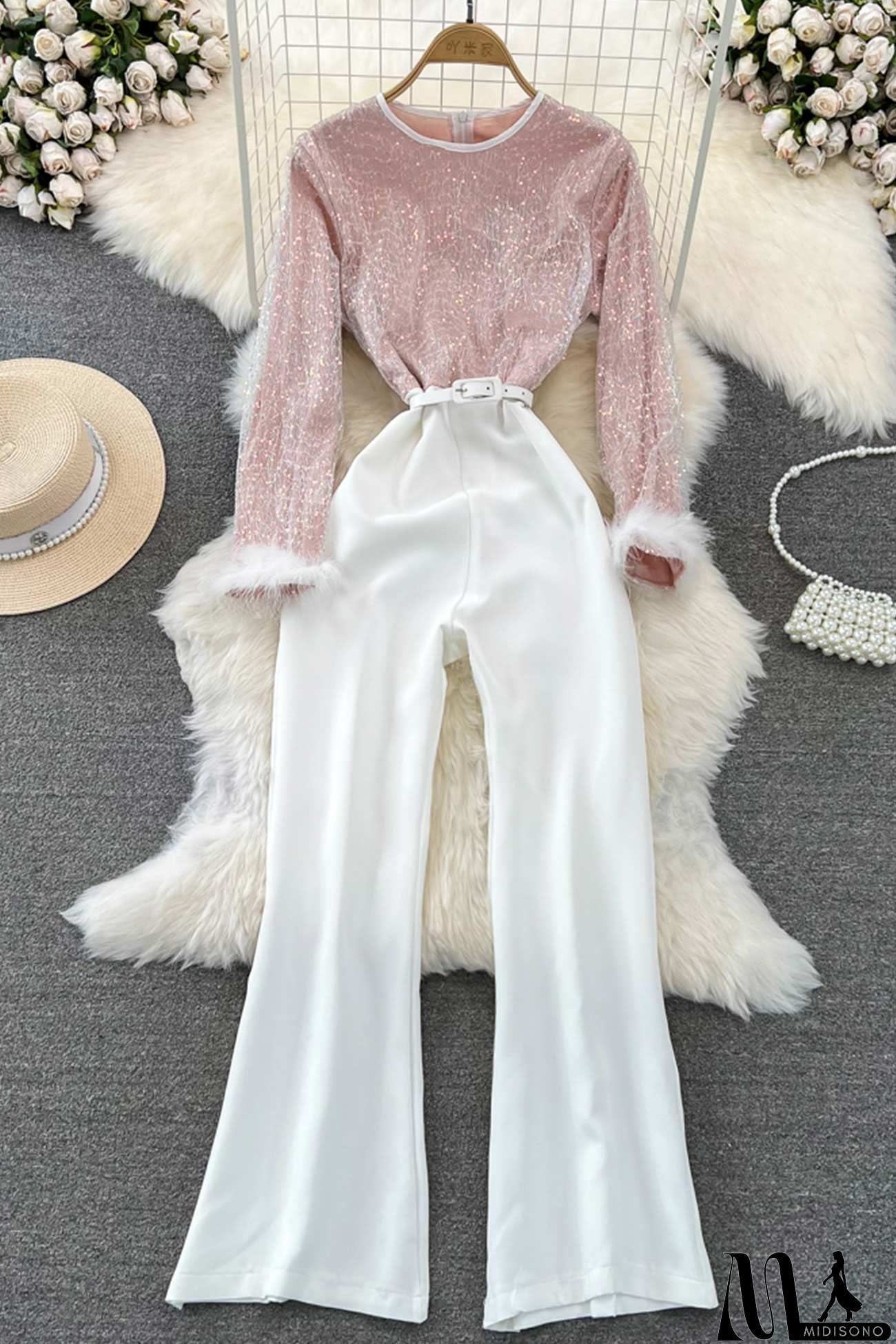 MidiSono - Fuzzy Sleeves Glitter Patchwork Jumpsuits