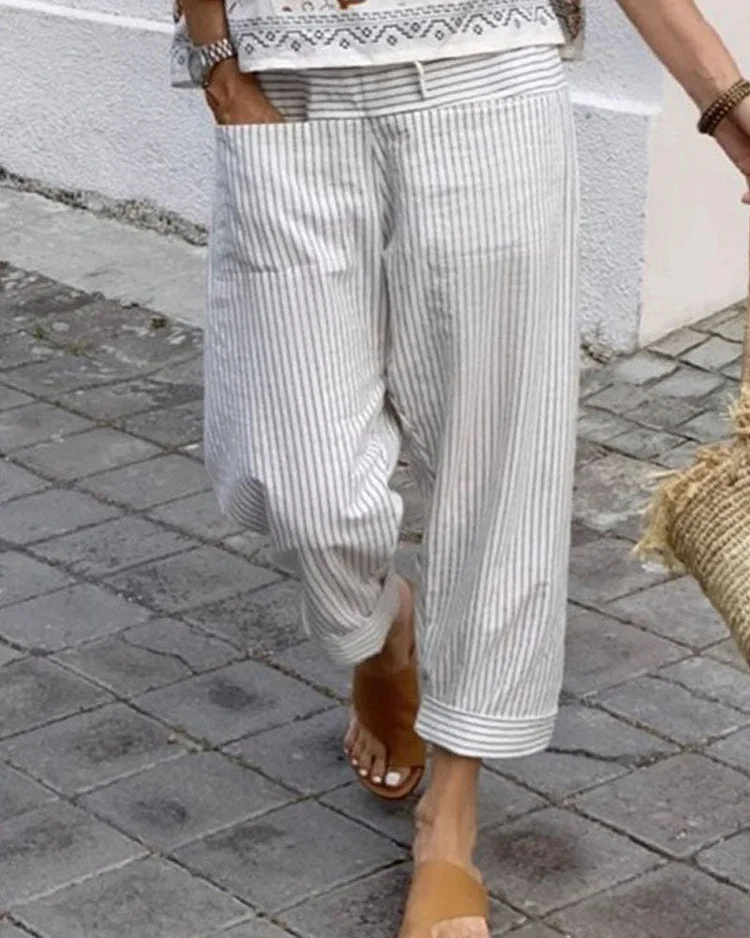 Cotton Striped 9 Points Casual Pants