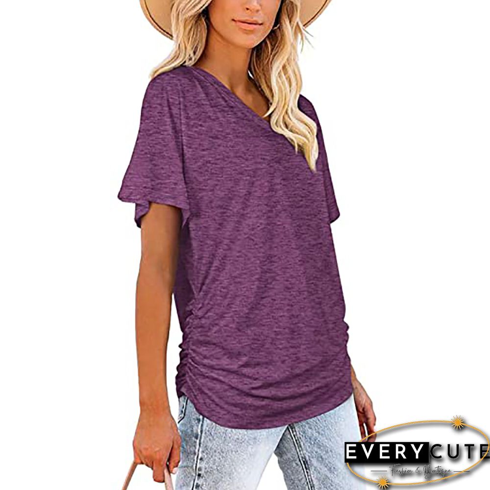 Purple Cotton Blend V Neck Short Sleeve Tees