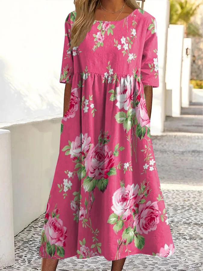 Vintage Pink Rose Print Round Neck Pocket Midi Dress