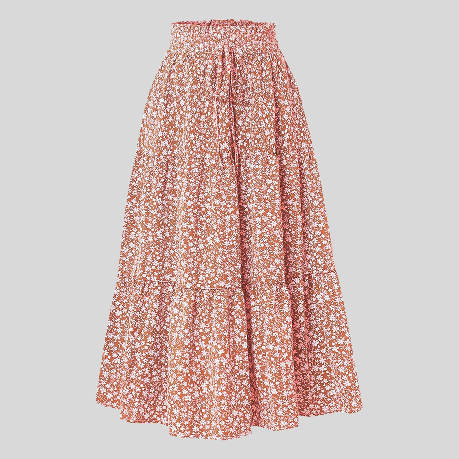 Bohemian Vacation A Line Flowy Swing Long Skirts For Women Summer Comfy Tiered Elastic High Waisted Floral Casual Maxi Skirt