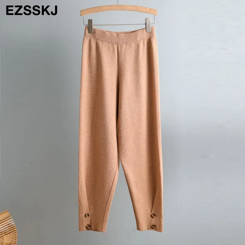 Women Elastic Waist  BUTTON Trousers Thick Knitted Harem Pants Autumn Winter Sport pants sweater Knitted Carrot pants