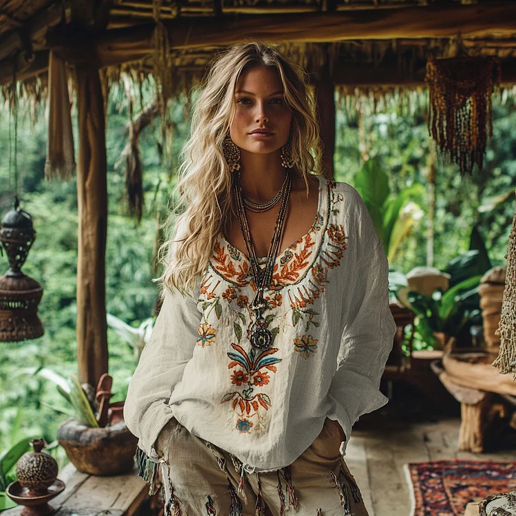 Utbros Vintage Bohemian Floral Embroidery Linen Blend Shirt