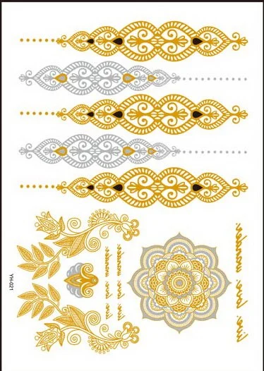 Sdrawing temporary tattoo sticker henna choker flower butterfly metal sexy women bride tribe flash metallic gold silver tattoo