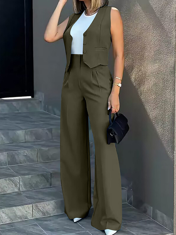 Solid Color Split-Joint Sleeveless Vest Jacket + High Waisted Pleated Suit Pants Trousers Two Pieces Set ARMY GREEN-M