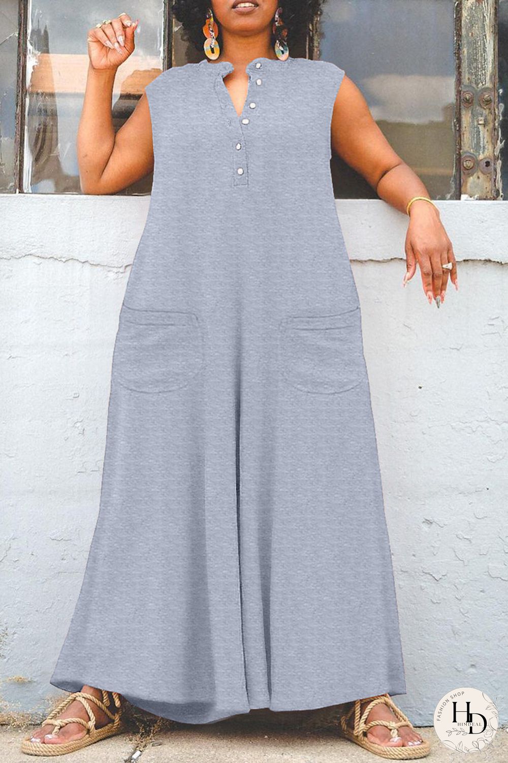 Grey Casual Solid Patchwork V Neck Regular Jumpsuits