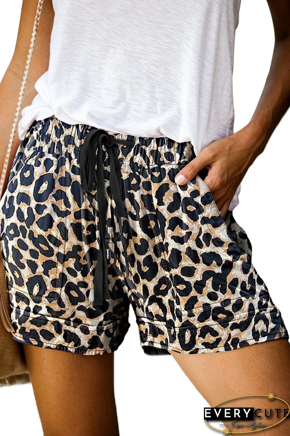 Leopard Print Drawstring Casual Elastic Waist Pocketed Shorts