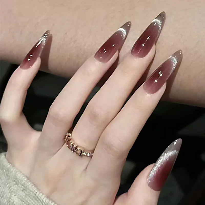 Lidudu 30Pcs Wine Red Fake Nails With Gradient Print Design Long Stiletto False Nails Wearabe Almond Press on Nails Full Cover Tips