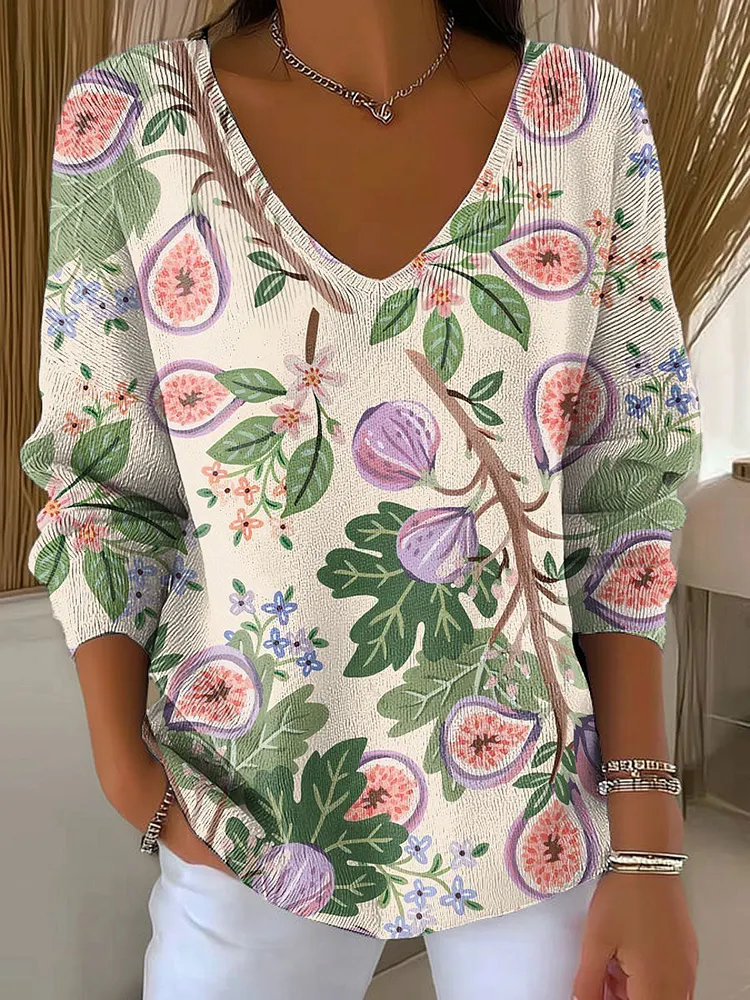 Women's Simple Fruit Flowers Casual Pullover Sweater