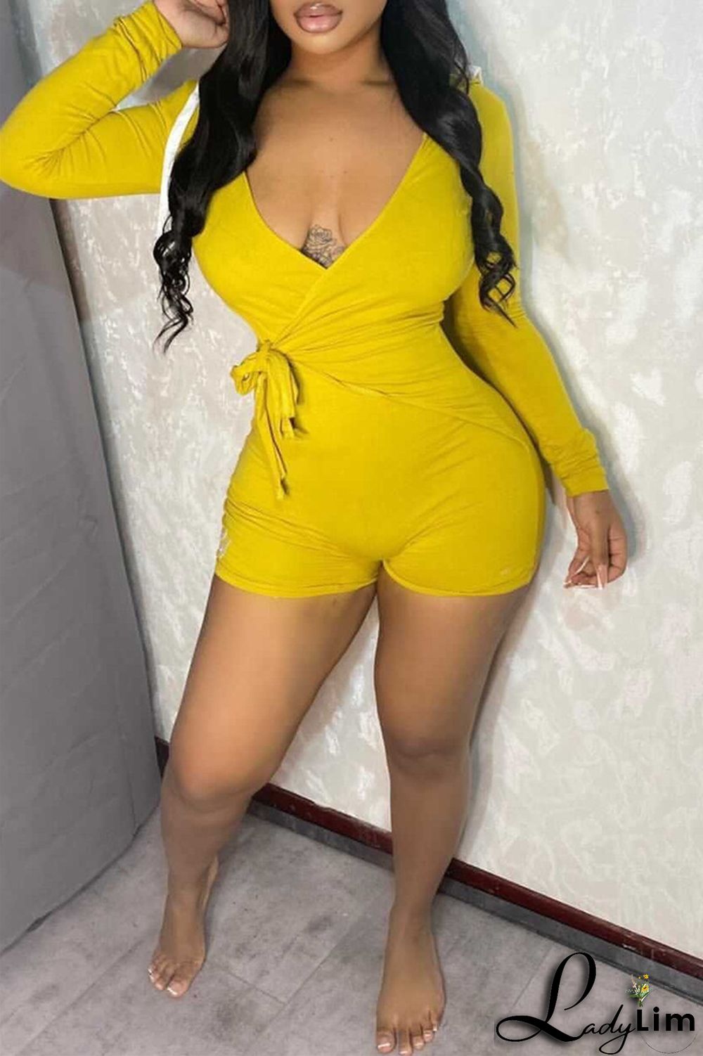 Yellow Fashion Casual Solid Bandage V Neck Long Sleeve Skinny Romper